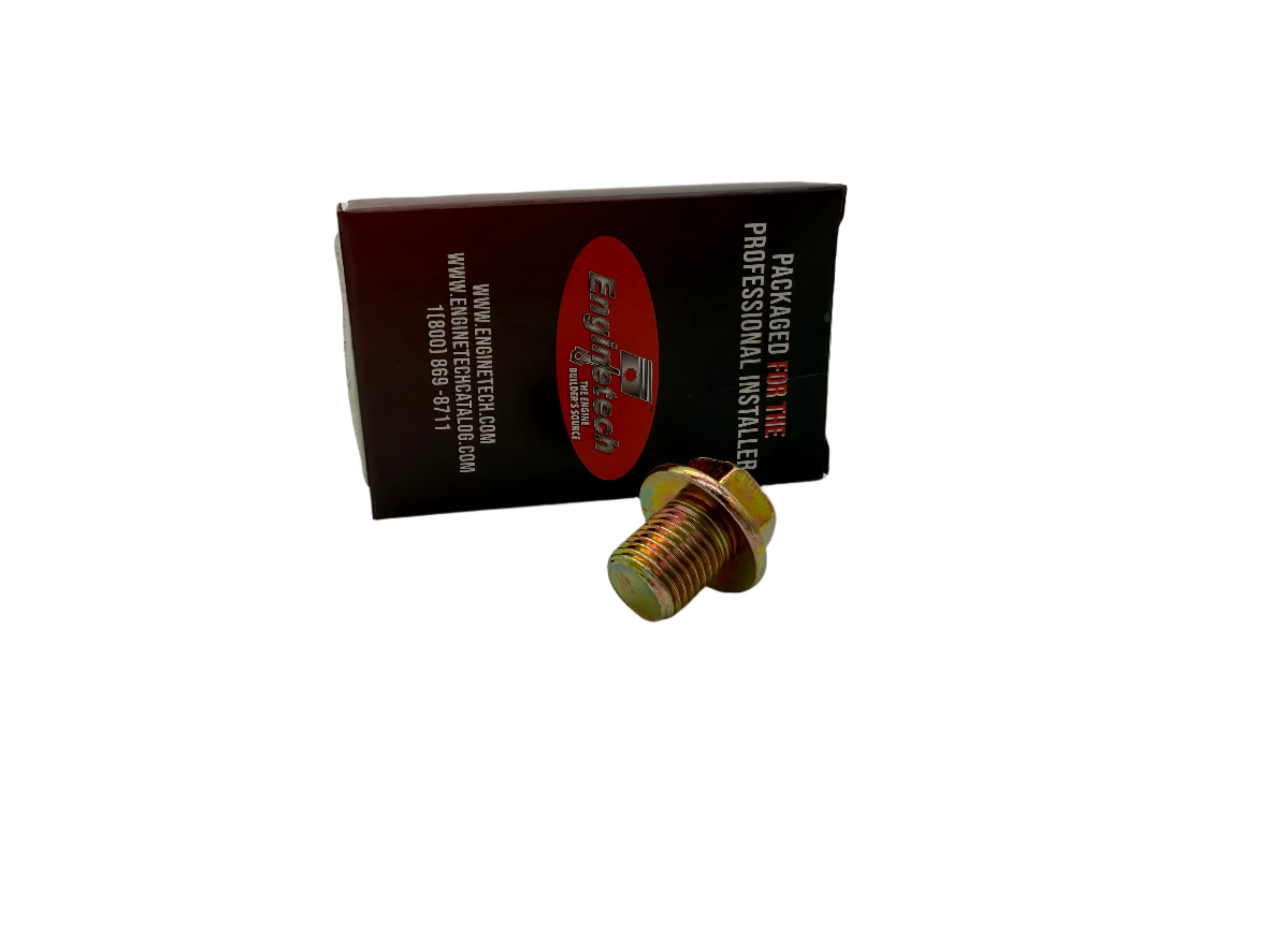 Metallic bolt and packaging with a brand logo on a light gray background